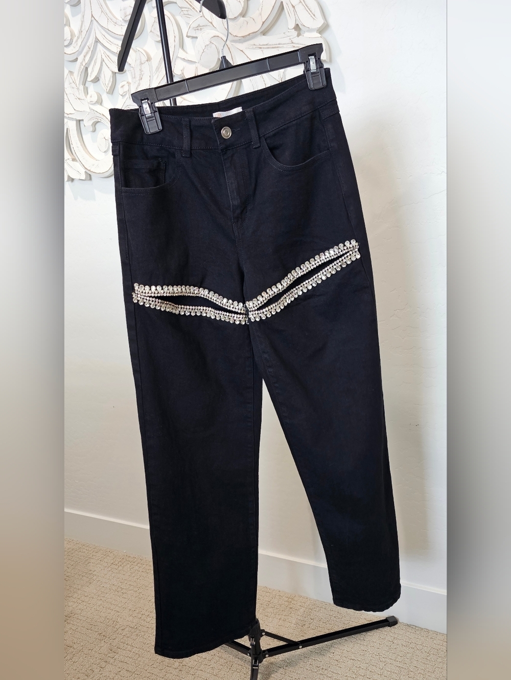 Gianni Bini Black Straight Leg Jeans w/Cut Out Rhinestone Bands Women's SZ 5 & 7 - Picture 3 of 12